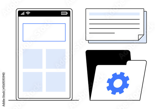 Mobile screen with a grid layout, folder icon with gear symbol, and documents. Ideal for technology, productivity, organization, digital filing, data management settings teamwork concepts. Simple