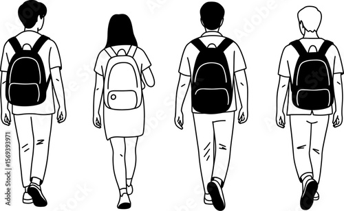 Students walking to school with backpacks back view outline drawing education concept vector illustration
