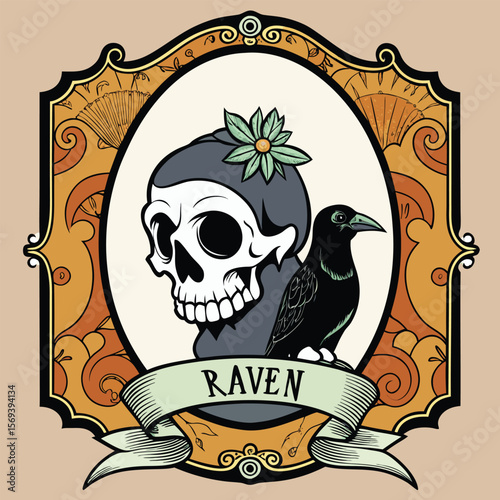 Vector art of a stylized skull with a flower adornment sits beside a raven within an oval frame, featuring a banner that reads raven
