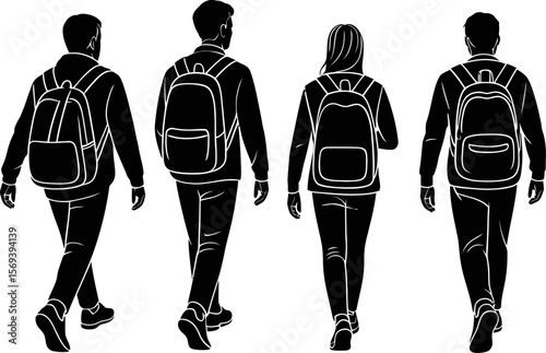 Back view students walking with backpacks vector illustration education concept design silhouette vector