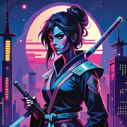 Vector art of a determined cyberpunk warrior woman wields a luminous sword in a neon cityscape