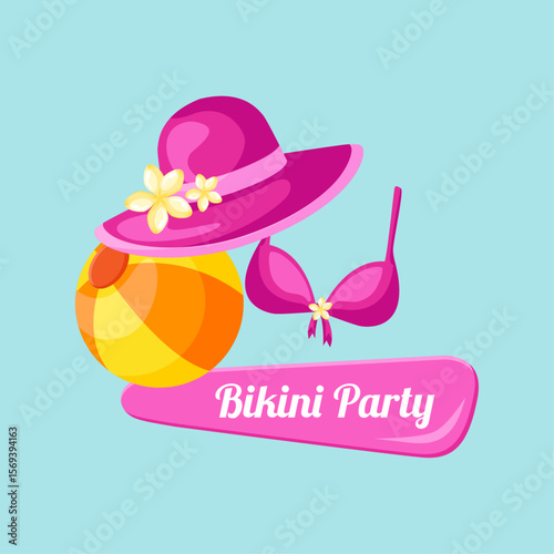 Beach Day Essentials: A vibrant and inviting illustration showcasing the playful essentials of a perfect summer beach day, including a sun hat, bikini, and beach ball.