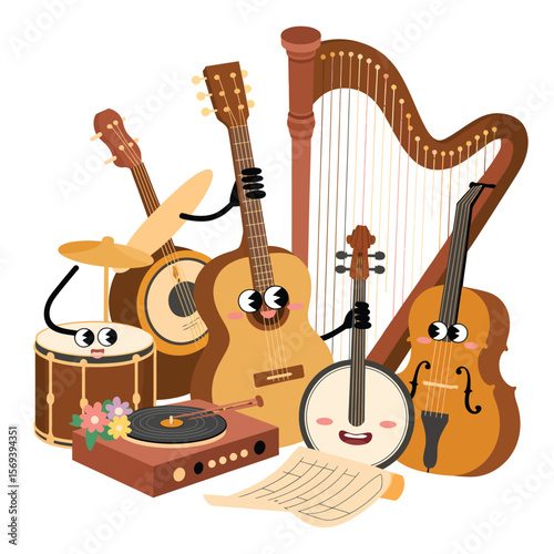 Cartoon Musical Instruments Playing Together
