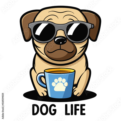 Vector art of a cool pug wearing sunglasses sits with a coffee cup isolated on transparent background