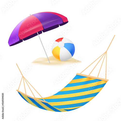 Beach Relaxation: a perfect summer day with beach umbrella, beach ball and hammock with a lot of fun!