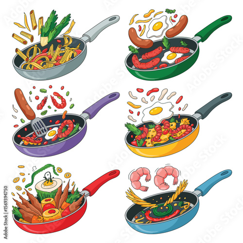 Colorful Cartoon Skillets with Food Cooking