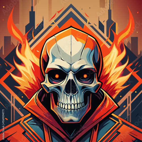 Vector art of a skull with glowing eyes and fiery hair is depicted in a striking vector style
