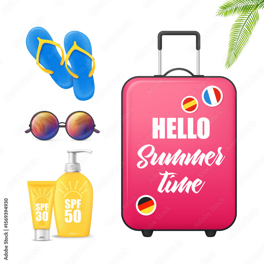 Naklejka premium Summer Essentials: A vibrant collection of summer essentials, including a suitcase, sunglasses, sunscreen, and flip-flops, evokes the carefree spirit of summer vacation.