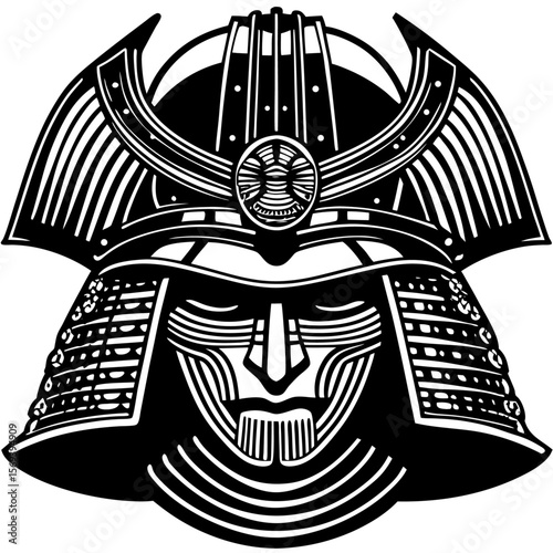Vector art of a striking black and white vector graphic of a samurai helmet isolated on transparent background