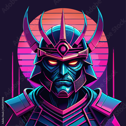 Vector art of a menacing samurai warriors head with glowing red eyes and intricate armor in vibrant neon colors