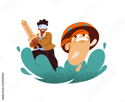 Happy kid plays game in augmented or virtual reality. Child in VR goggles, AR glasses has fun. Little boy is in interactive visual simulation. Flat isolated vector illustration on white background