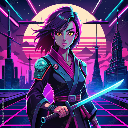 Vector art of anime warrior with flowing hair and a glowing sword stands in a neon cyberpunk city