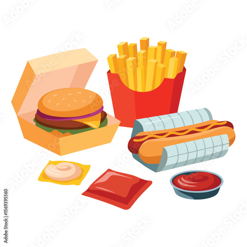 Fast Food Meal with Burger Fries and Hot Dog