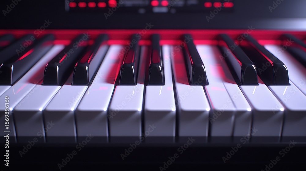 Fototapeta premium Close-up piano keys, red light