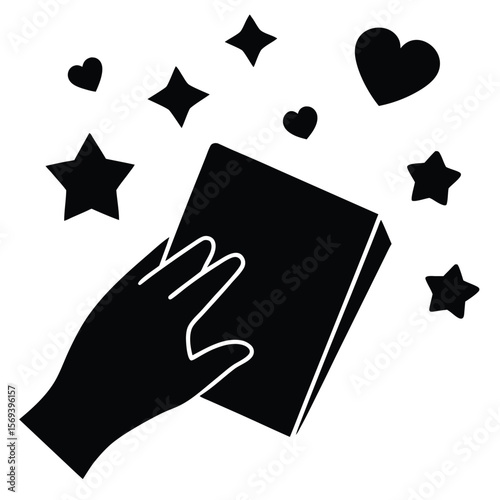 Hand Cleaning Object with Stars and Hearts Surrounding it for a Sense of Shining Purity and Spotless Freshness