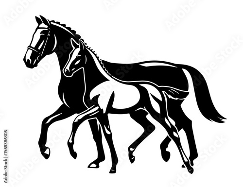 Mother horse and foal walking together in black and white silhouette illustration
