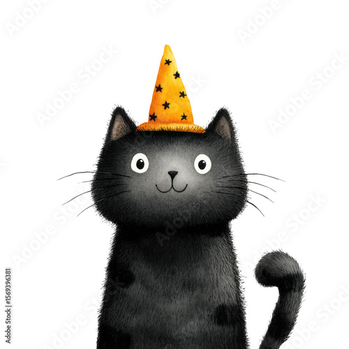 Adorable Watercolor Illustration of a Black Cat Wearing a Party Hat in Playful Style