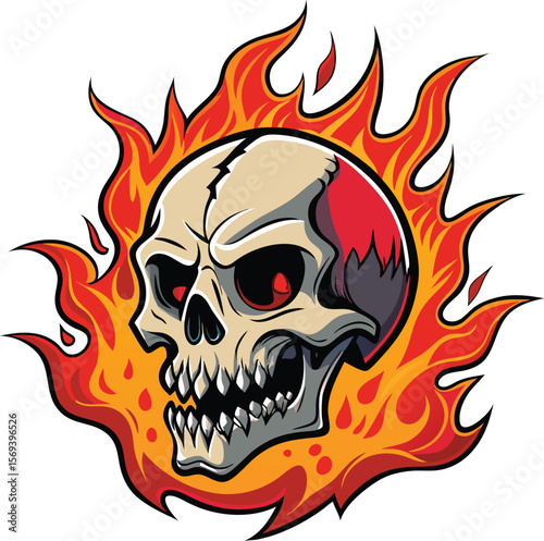 Vector art of fiery skull with glowing red eyes isolated on transparent background
