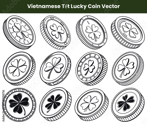 Line Art Lucky Coin FourLeaf Clover Designs for Tet Holiday