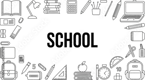 School supplies vector background education concept back to school stationery items outline illustration 100