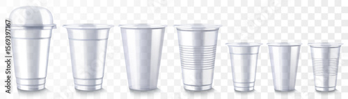 Set of disposable plastic cup with sphere dome lid isolated on transparent background. Transparent glossy cup for cold drinks such as soda, sparkling water, soft and alcoholic drinks, beer