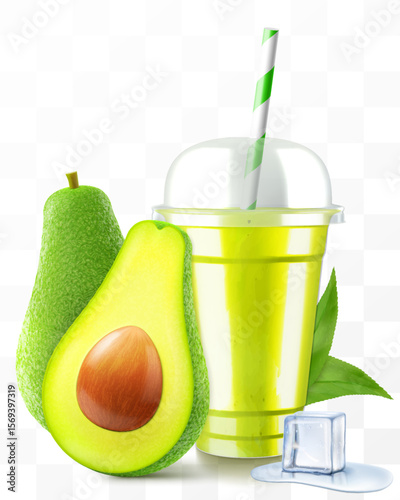 Clear plastic cup with avocado juice or smoothie. Cup with sphere dome cap for milkshake, lemonade. Fruity organic shake with ice cube. Fruit cocktail. Realistic 3d vector template