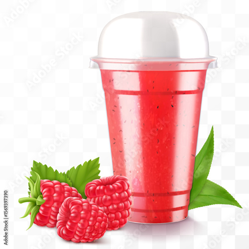 Clear plastic cup with raspberry juice or smoothie. Cup with sphere dome cap for milkshake, lemonade. Fruity organic shake with ice cube. Fruit cocktail. Realistic 3d vector template