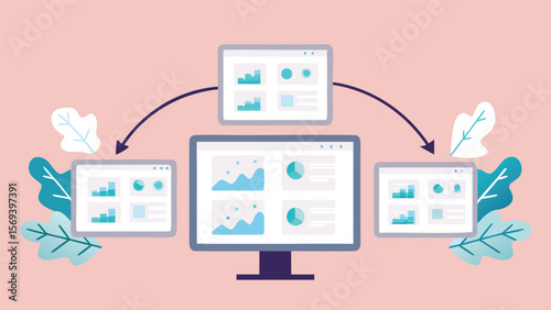 Illustration of multiple screens displaying charts and graphs connected with arrows design 100 characters
