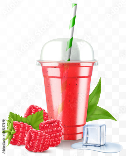 Clear plastic cup with raspberry juice or smoothie. Cup with sphere dome cap for milkshake, lemonade. Fruity organic shake with ice cube. Fruit cocktail. Realistic 3d vector template