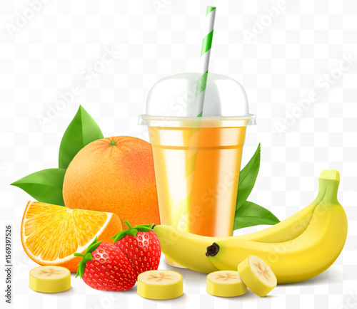 Clear plastic cup with multifruit juice or smoothie. Cup with sphere dome cap for milkshake, lemonade. Fruity organic shake with ice cube. Fruit cocktail. Realistic 3d vector template