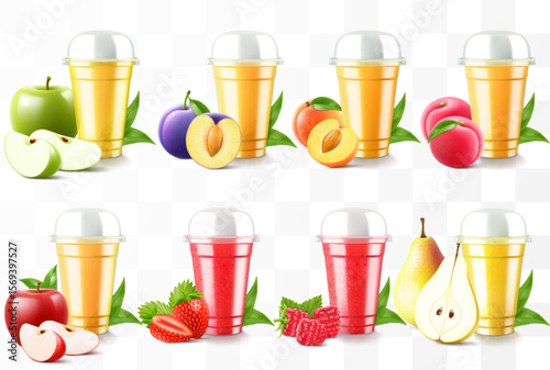 Set of clear plastic cups with juice or smoothie. Cup with sphere dome cap for milkshake, lemonade. Fruity organic shake with different exotic fruits. Fruit cocktail. Realistic 3d vector template