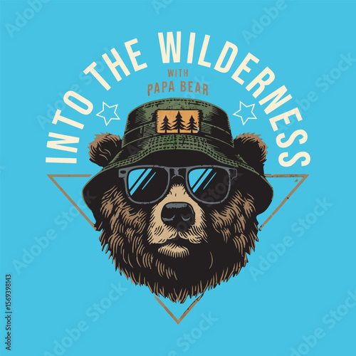 Brown Bear Wearing Sunglasses and Camo Hat Into the Wilderness Papa Bear