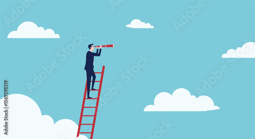 Businessman on a ladder to success through the blue sky and clouds, a vector illustration of an inspiring journey