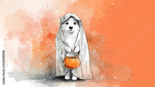 Adorable Dog Dressed as Ghost Holding Halloween Bucket