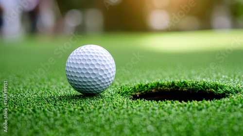 Golf Ball Rolling Smoothly Across Synthetic Turf Towards the Hole in a Bright Outdoor Setting