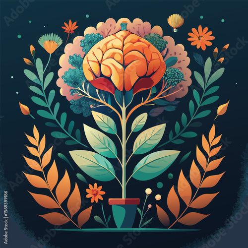 Vector art of a vibrant brain blooms like a flower in a pot, surrounded by lush foliage