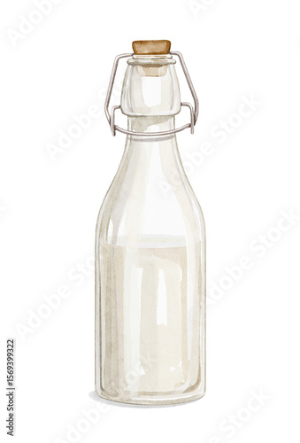 Cartoon cute white milk yogurt in vintage glass bottle with cork isolated on white background. Watercolor and pencil hand drawn illustration sketch