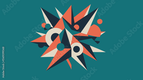 Abstract geometric design with triangles circles and polygons on a teal colored background art