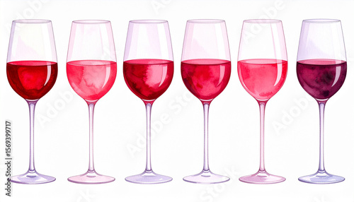 watercolor wineglasses set with red wine isolated on a white background