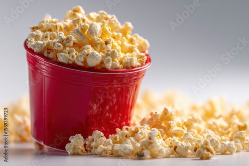 A red bucket overflows with popcorn some scattered around it on a light surface