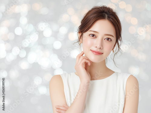 キラキラ背景で輝く美肌の日本人女性ポートレート – 美容 広告 SNS