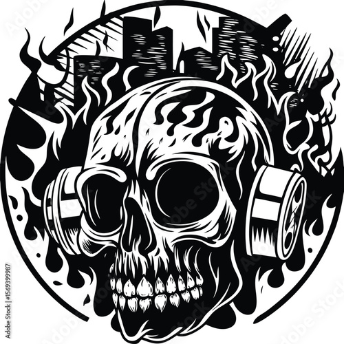 Vector art of a black and white illustration of a skull wearing a gas mask amidst flames and a cityscape
