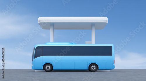 Blue bus stopped at a gas station under a clear sky. Transportation and travel concept