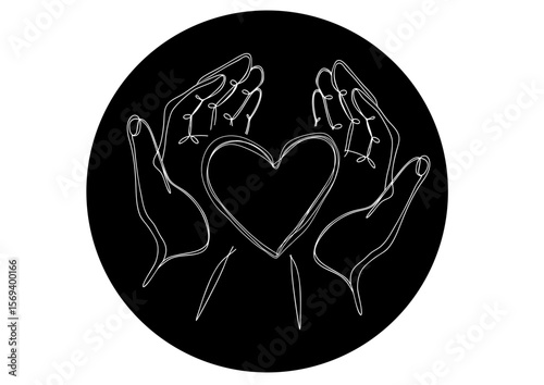 Protective hands holding heart on black background, reversed type one line art, symbol of solidarity, support, love, unity, human dignity, Black Lives Matter, racial justice, equality campaigns