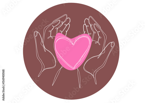 Protective hands holding pink heart on brown background, reversed type one line art, symbol of solidarity, support, love, unity, human dignity, Black Lives Matter, racial justice, equality campaigns