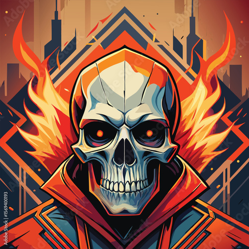 Vector art of a skull with glowing eyes and fiery hair is depicted in a striking vector style