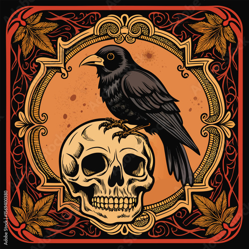 Vector art of a crow rests on a skull within an intricately decorated frame, set against an orange background