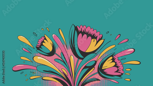 A vibrant floral arrangement with pink and yellow flowers on a turquoise background illustration style