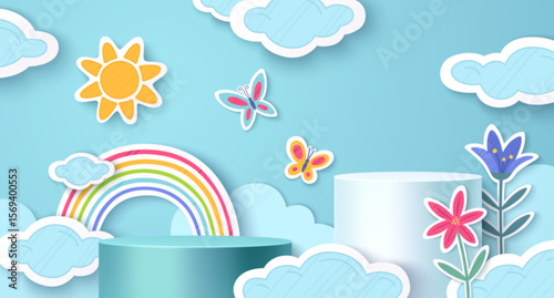 Paper cut rainbow scene with blue sky background - colorful arch connecting fluffy clouds, yellow sun, butterflies around cylinder podiums. Flowers bloom beside platforms in layered papercraft style.