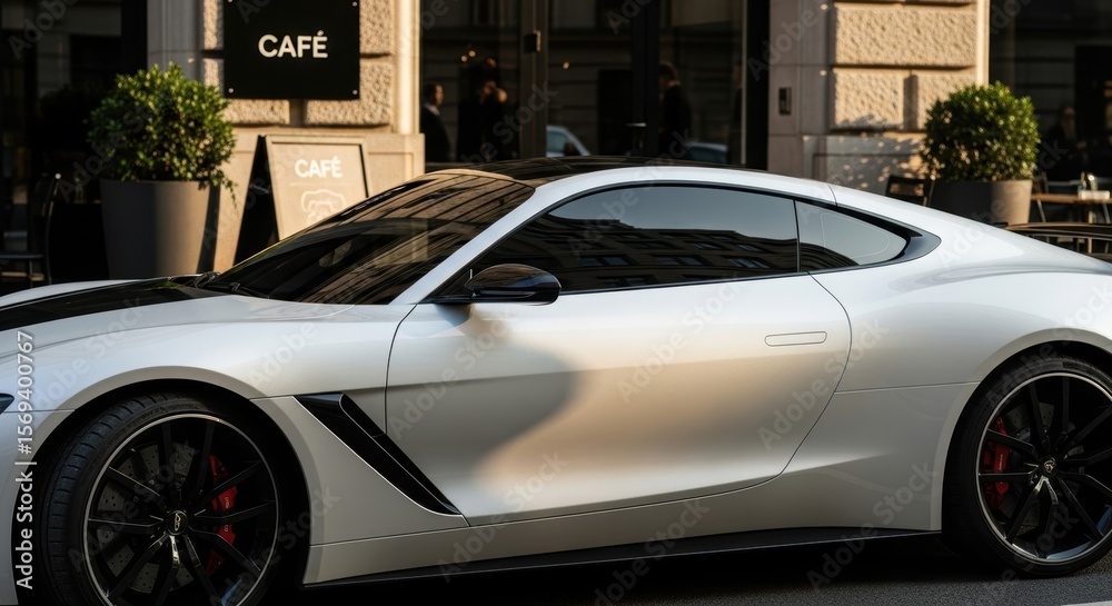 Fototapeta premium Sleek white sports car parked outside modern café on city street